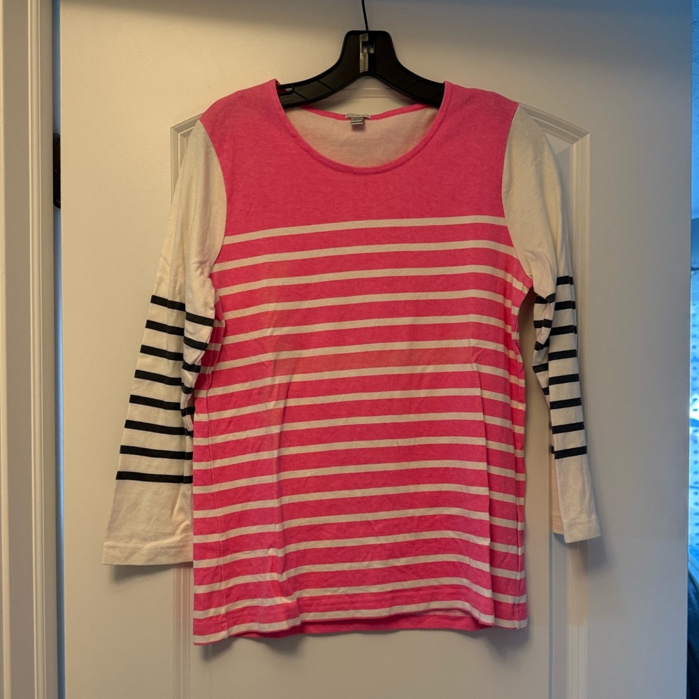 J. Crew Neon Pink and White Striped Long Sleeve Tee Small